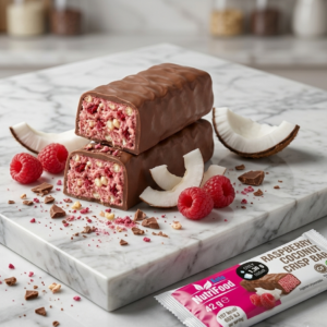 Malinovo-kokosová proteínová tyčinka v mliečnej čokoláde do Keto diéty